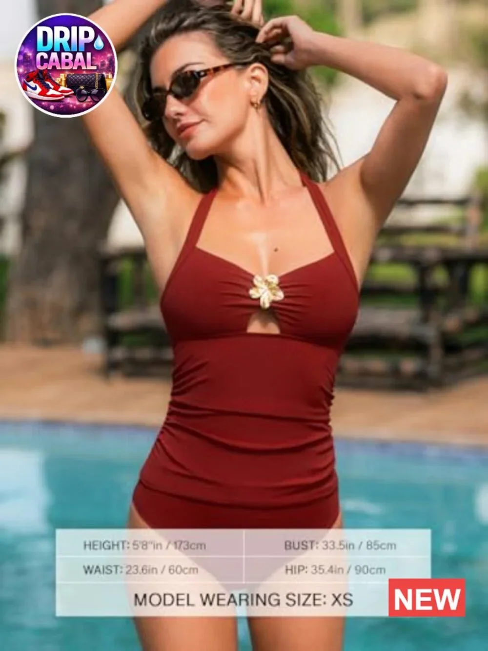 Halter Tankini Set Swimsuit with Removable Soft Cups, Ruched Waist, Cutout Front